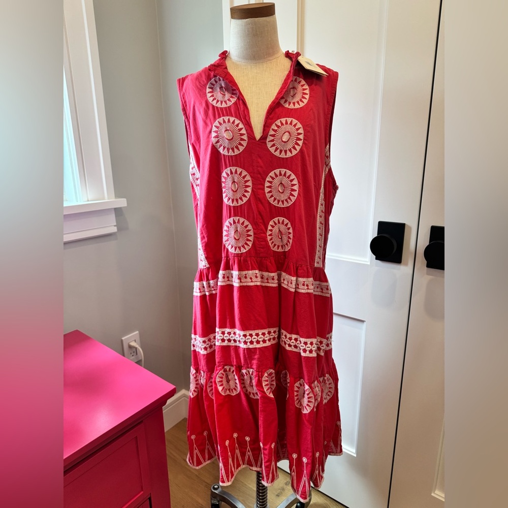 Oliphant Red Sleeveless Embroidered Midi Dress